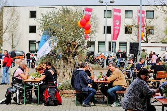 Motorcycle fans celebrate under the olive tree in front of the motorcycle house